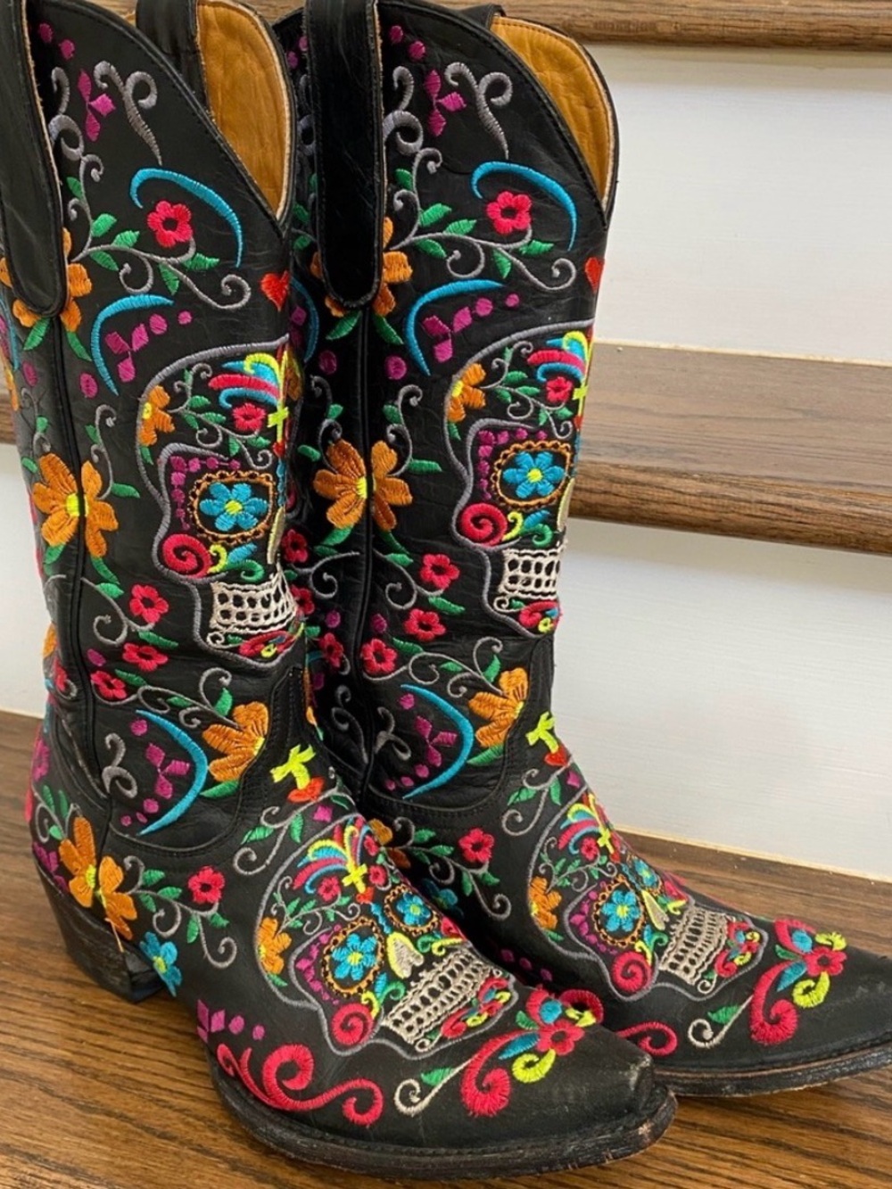 Old Gringo Black Embroidered Western Boots with Multicolor Floral Skull